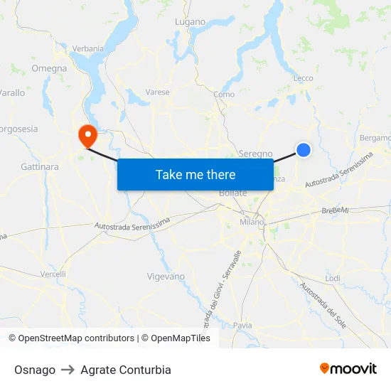Osnago to Agrate Conturbia map