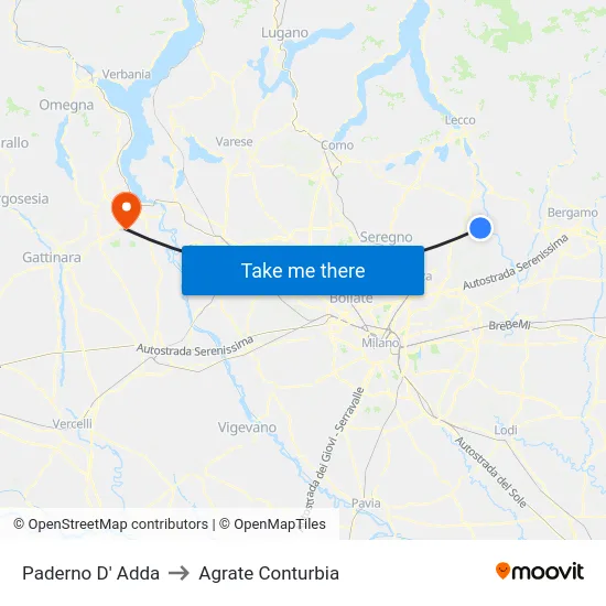 Paderno D' Adda to Agrate Conturbia map