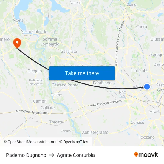 Paderno Dugnano to Agrate Conturbia map