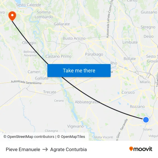 Pieve Emanuele to Agrate Conturbia map
