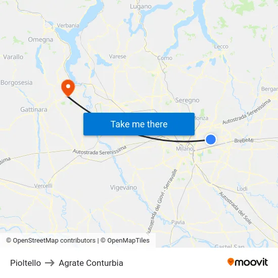 Pioltello to Agrate Conturbia map