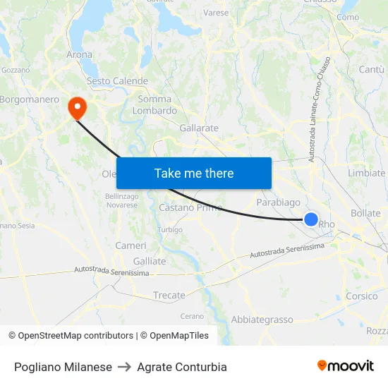 Pogliano Milanese to Agrate Conturbia map