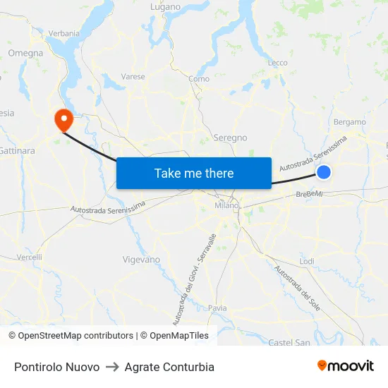 Pontirolo Nuovo to Agrate Conturbia map