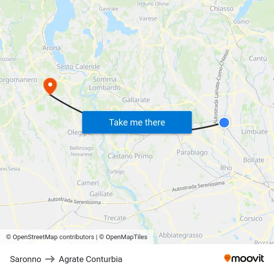 Saronno to Agrate Conturbia map