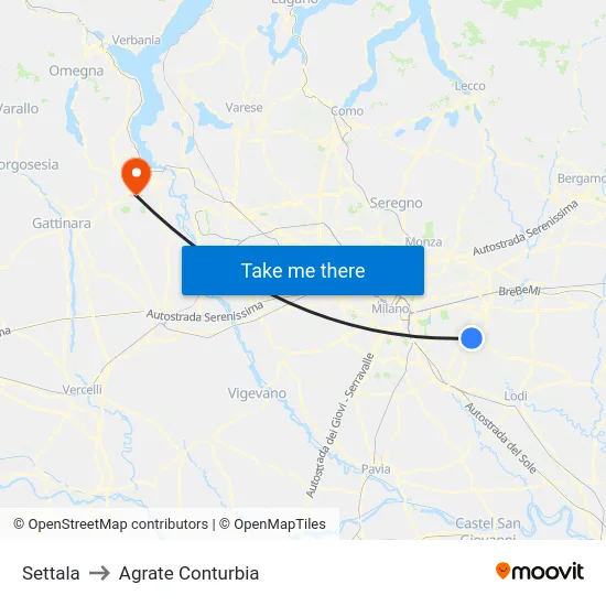 Settala to Agrate Conturbia map