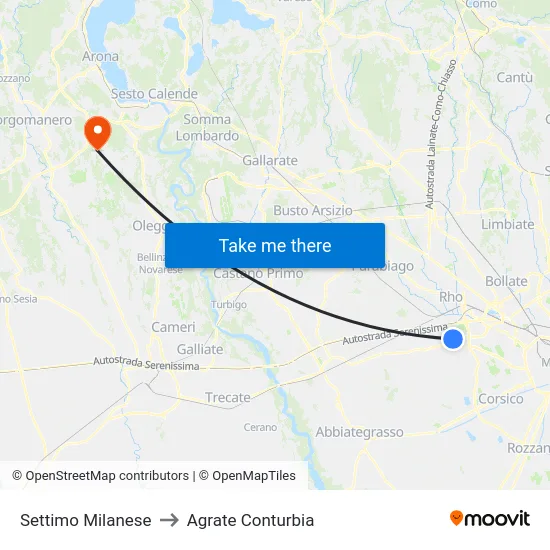 Settimo Milanese to Agrate Conturbia map