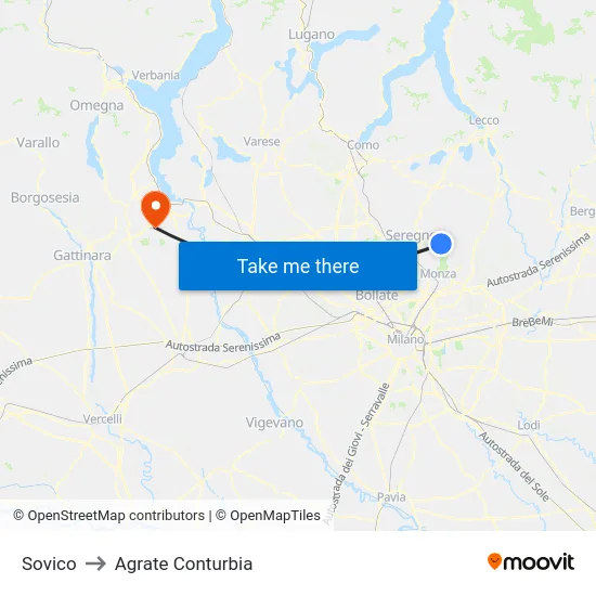 Sovico to Agrate Conturbia map