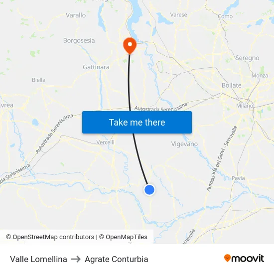 Valle Lomellina to Agrate Conturbia map