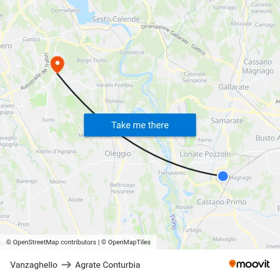 Vanzaghello to Agrate Conturbia map