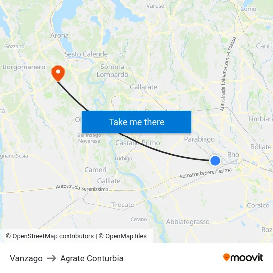 Vanzago to Agrate Conturbia map