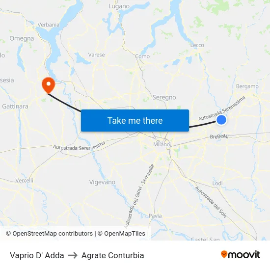 Vaprio D' Adda to Agrate Conturbia map
