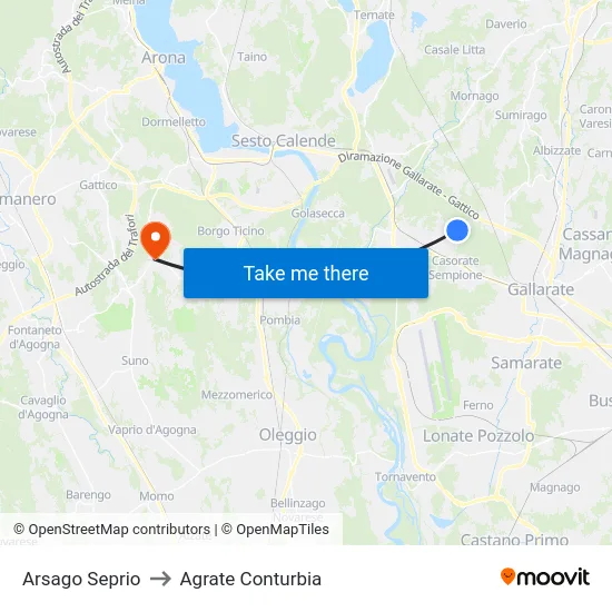 Arsago Seprio to Agrate Conturbia map