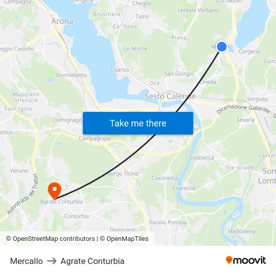 Mercallo to Agrate Conturbia map