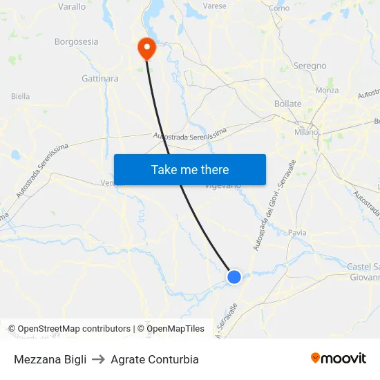 Mezzana Bigli to Agrate Conturbia map