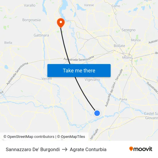 Sannazzaro De' Burgondi to Agrate Conturbia map