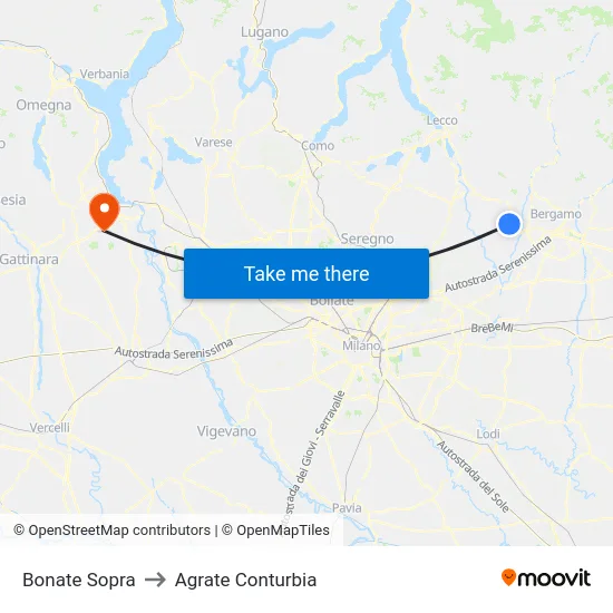 Bonate Sopra to Agrate Conturbia map