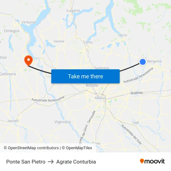 Ponte San Pietro to Agrate Conturbia map