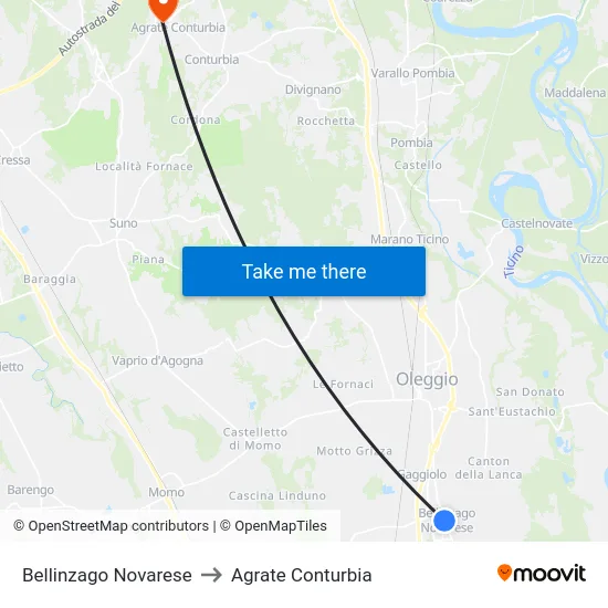 Bellinzago Novarese to Agrate Conturbia map