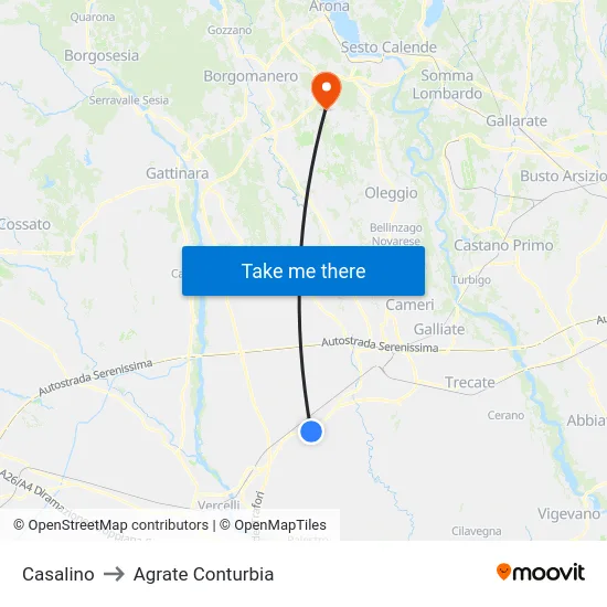 Casalino to Agrate Conturbia map