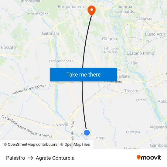 Palestro to Agrate Conturbia map