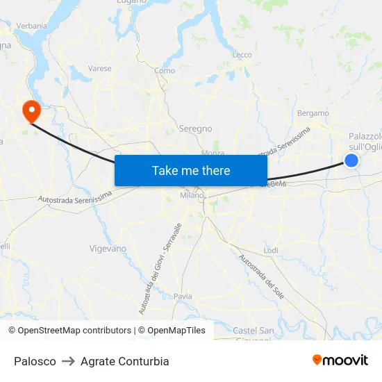 Palosco to Agrate Conturbia map