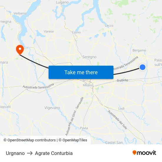 Urgnano to Agrate Conturbia map