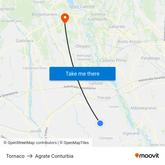 Tornaco to Agrate Conturbia map