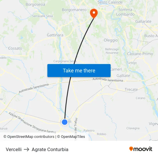 Vercelli to Agrate Conturbia map