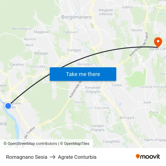 Romagnano Sesia to Agrate Conturbia map