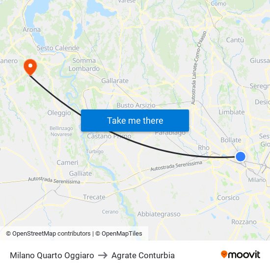 Milano Quarto Oggiaro to Agrate Conturbia map