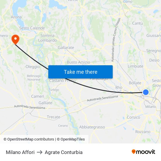 Milano Affori to Agrate Conturbia map