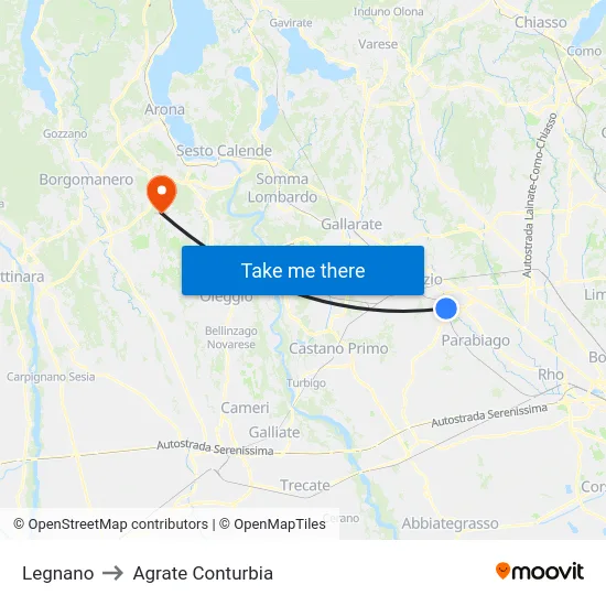 Legnano to Agrate Conturbia map