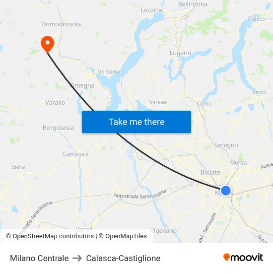 Milano Centrale to Calasca-Castiglione map