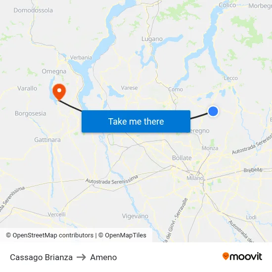 Cassago Brianza to Ameno map