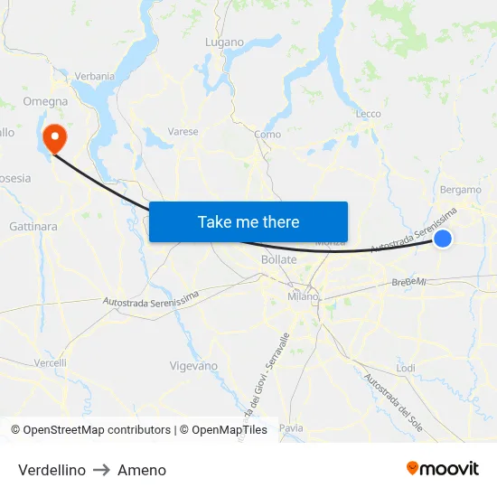 Verdellino to Ameno map
