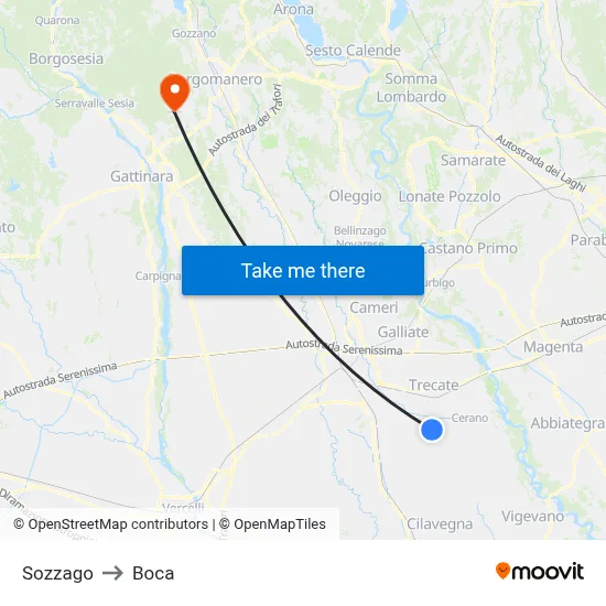 Sozzago to Boca map