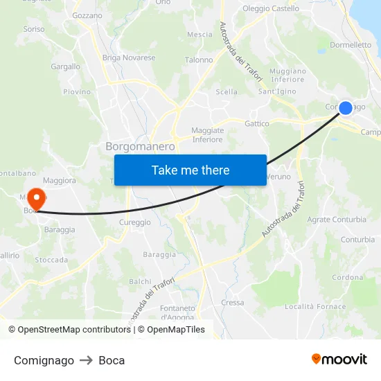 Comignago to Boca map