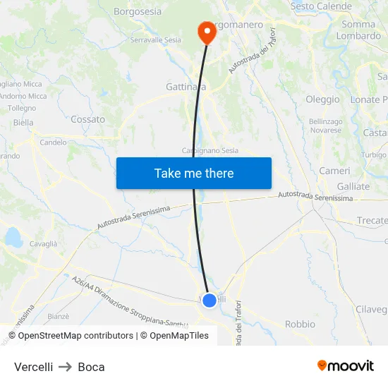 Vercelli to Boca map