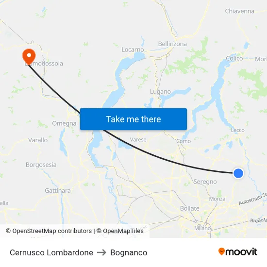 Cernusco Lombardone to Bognanco map
