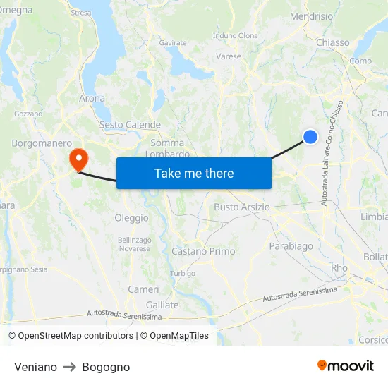 Veniano to Bogogno map