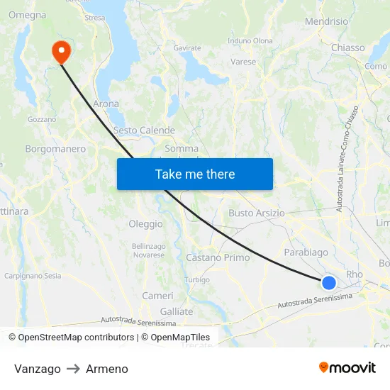 Vanzago to Armeno map