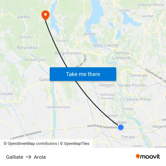 Galliate to Arola map