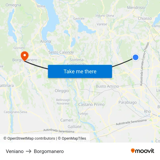 Veniano to Borgomanero map