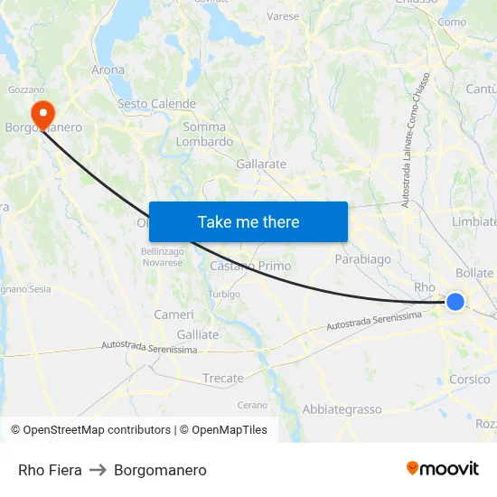 Rho Fiera to Borgomanero map