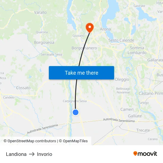 Landiona to Invorio map