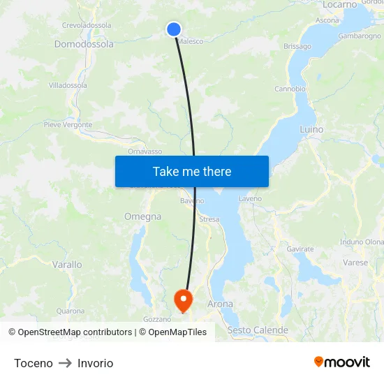 Toceno to Invorio map