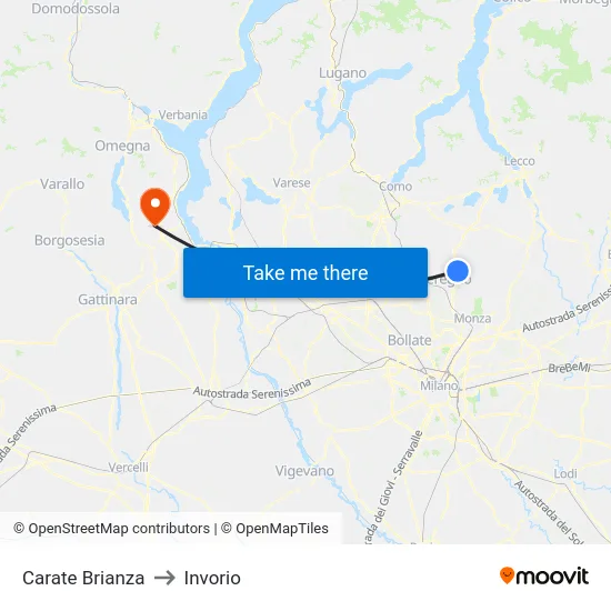 Carate Brianza to Invorio map