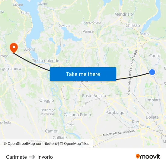 Carimate to Invorio map