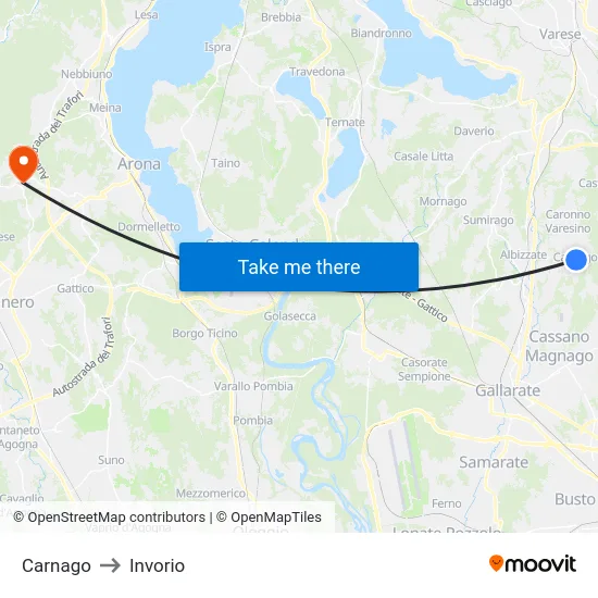 Carnago to Invorio map