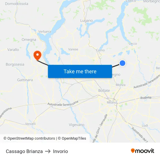 Cassago Brianza to Invorio map